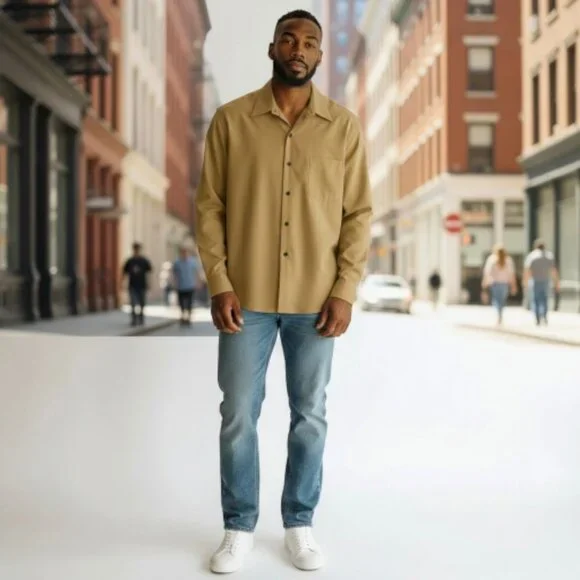 Mens Dress Shirt Roberto Villini Casual Sporty Cotton LS Herringbone Ochre 16.5 - Picture 3 of 5